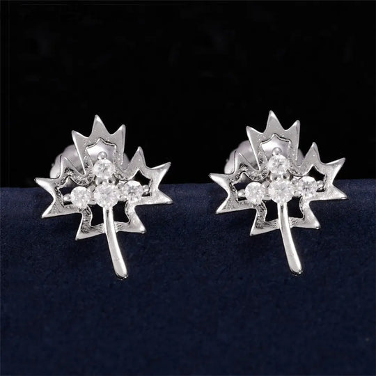 Sterling Silver Moissanite Maple Leaf Shape Earrings