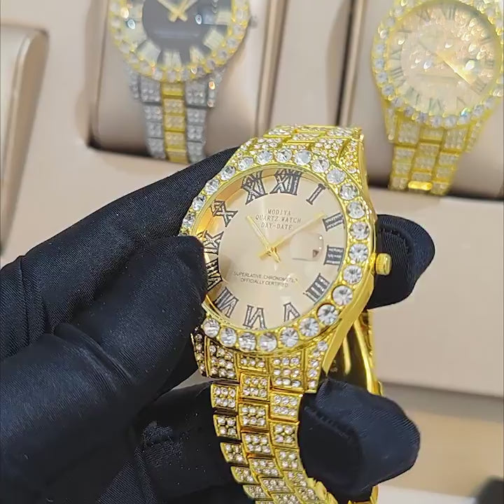Iced Out Round Calendar Quartz Watch