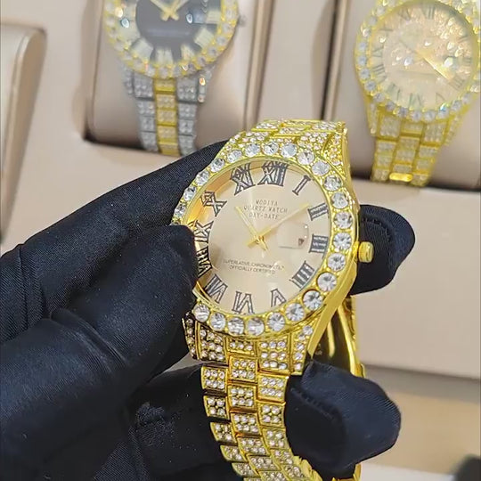 Iced Out Round Calendar Quartz Watch